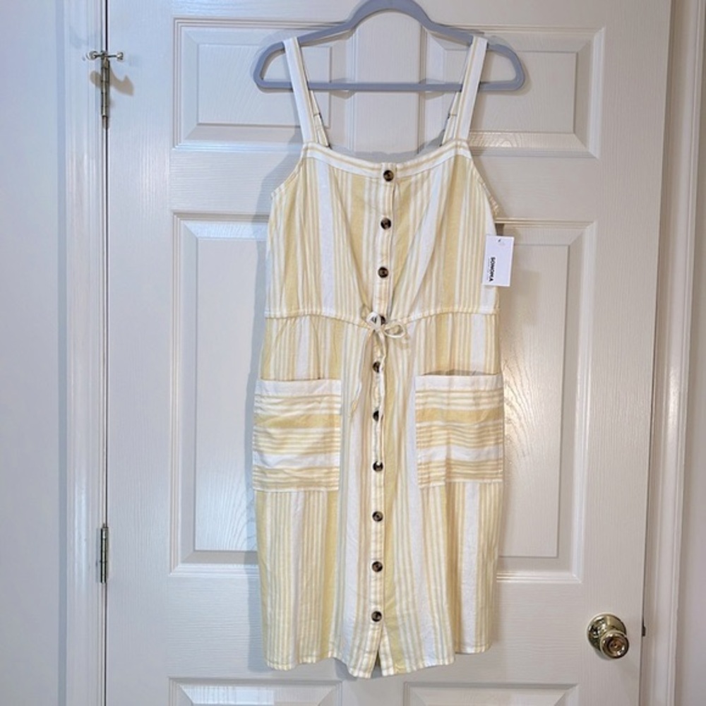 Sonoma NWT Dress Linen Blend Tie/Cinch Front w Buttons Yellow/White Stripe Sz M
